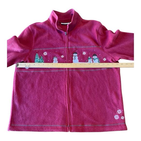 Croft & Barrow Red Fleece Jacket White Snowmen Green Fur Trees Snowflakes Size L - Picture 8 of 11